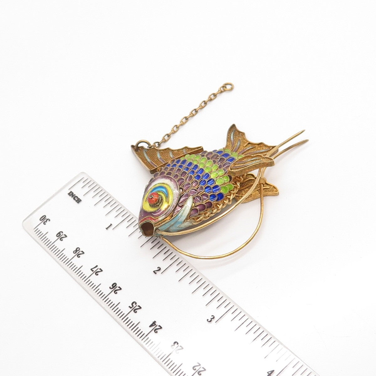 925 Sterling Silver Gold Plated Enamel Antique Chinese Koi Fish Articulated Fob