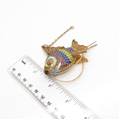 925 Sterling Silver Gold Plated Enamel Antique Chinese Koi Fish Articulated Fob
