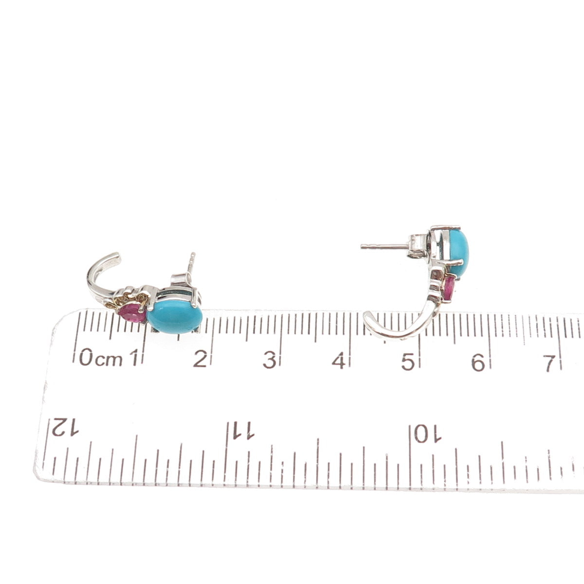 Chuck Clemency 925 Sterling Silver 2-Tone Real Turquoise & Ruby Earrings