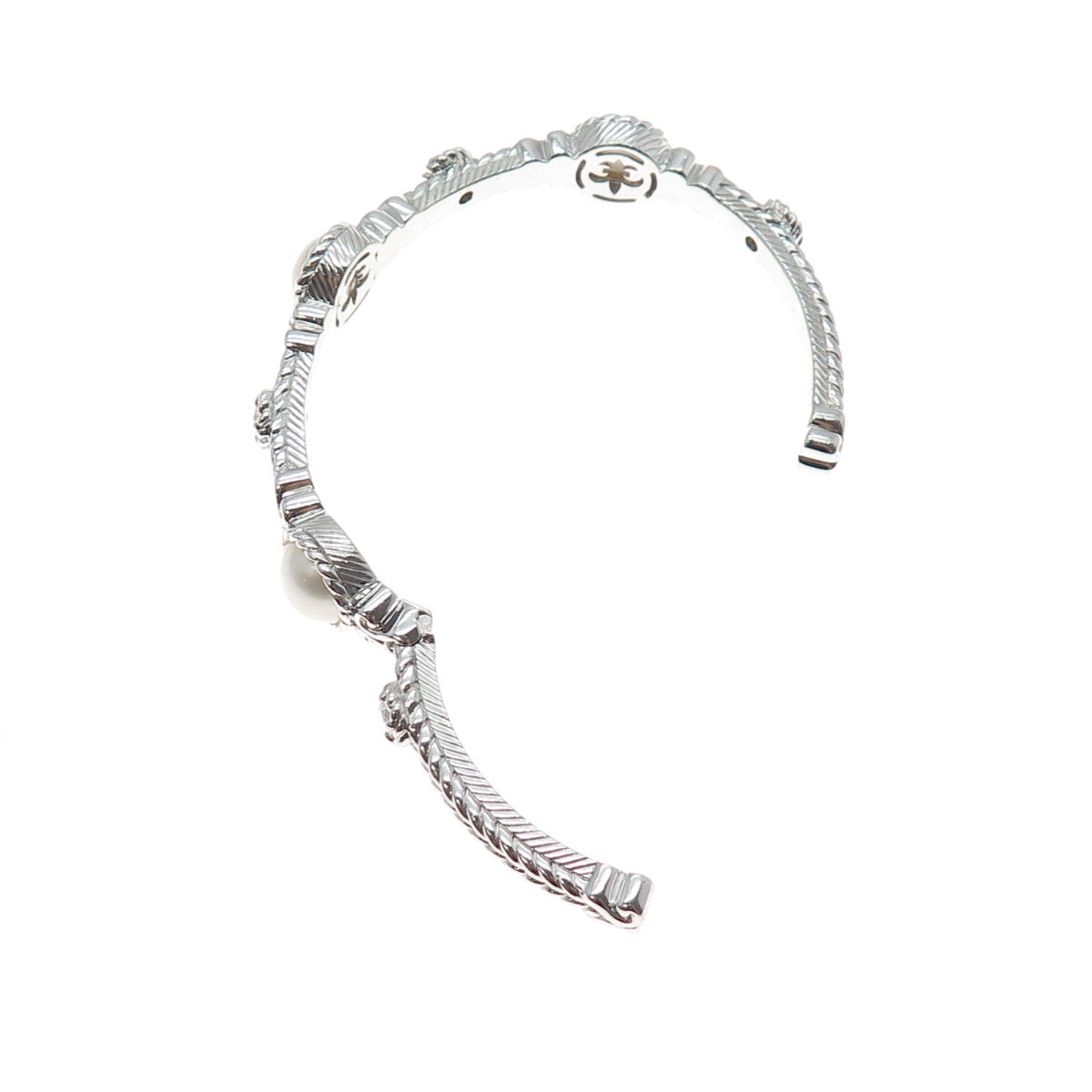 JUDITH RIPKA 925 Sterling Silver Real Pearl & C Z Adjustable Cuff Bracelet 7"