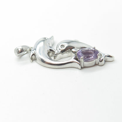925 Sterling Silver Real Round-Cut Diamond & Amethyst Friendly Dolphin Pendant