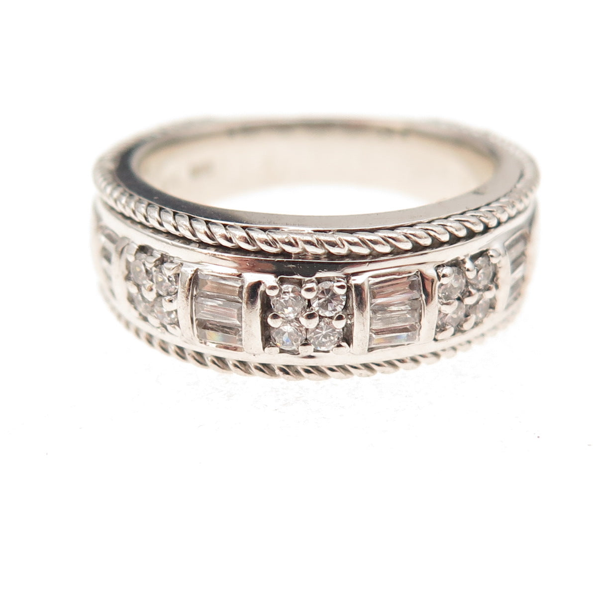 925 Sterling Silver Vintage Round & Emerald-Cut C Z Ring Size 7.25
