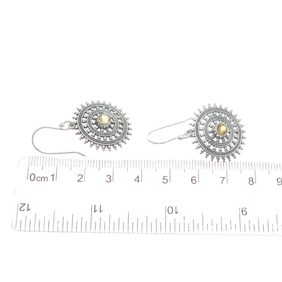 925 Sterling Silver Vintage Real Yellow Topaz Wheel of Fortune Dangle Earrings