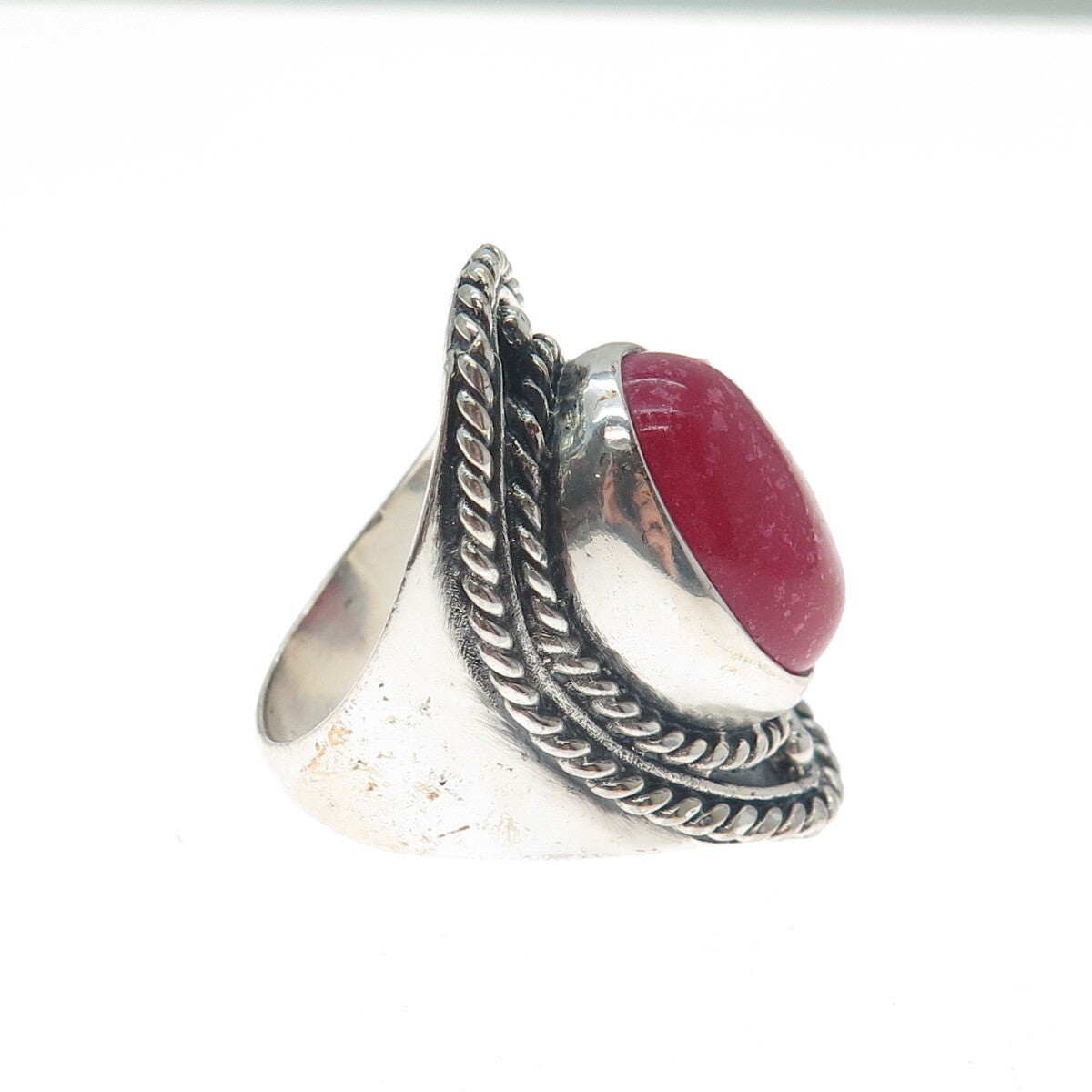 925 Sterling Silver Vintage Real Rhodonite Roped Oxidized Ring Size 8.75