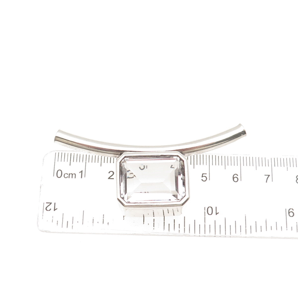 925 Sterling Vintage Real Emerald-Cut Clear Rock Crystal Modernist Slide Pendant