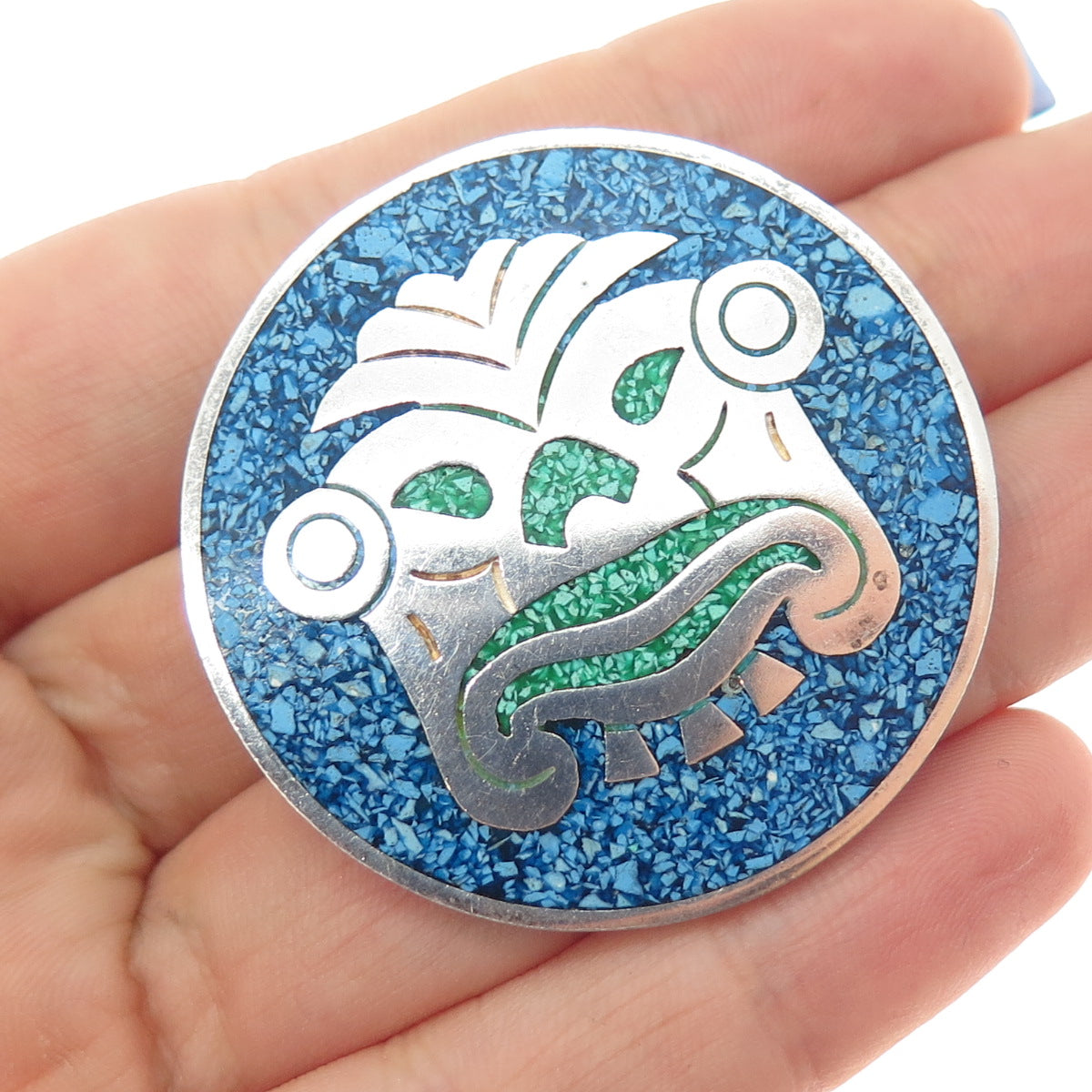 925 Sterling Silver Vintage Mexico Real Turquoise Inlay Aztec God Brooch Pendant