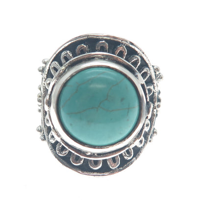 925 Sterling Silver Vintage Real Mountain Turquoise Sun Oxidized Ring Size 10.25