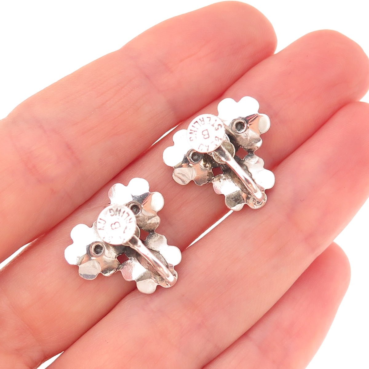 Beau 925 Sterling Silver Antique Art Deco Floral Oxidized Screw Back Earrings