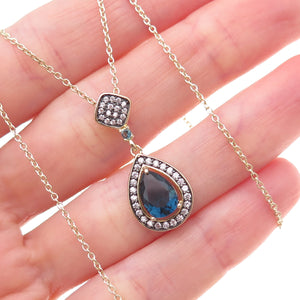925 Sterling Silver Gold Plated Blue & White C Z Cable Chain Necklace 18"