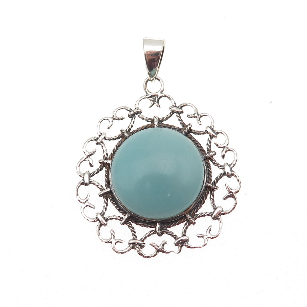925 Sterling Silver Vintage Real Amazonite Heart Ornate Charm Pendant