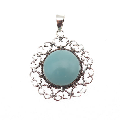 925 Sterling Silver Vintage Real Amazonite Heart Ornate Charm Pendant