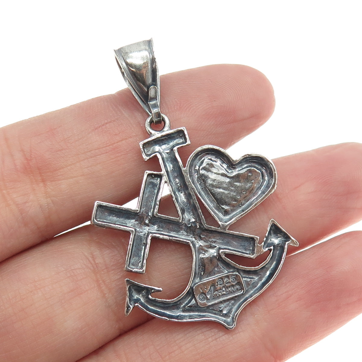 925 Sterling Silver Vintage Anchor Cross & Heart Oxidized Pendant