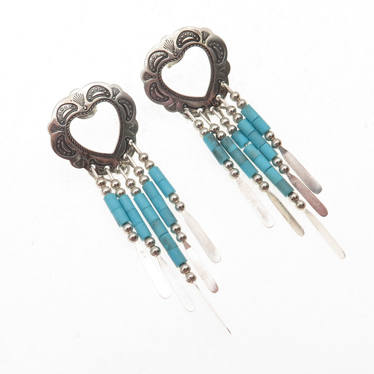 Old Pawn Sterling Silver Vintage Southwestern Turquoise Heart Dangle Earrings
