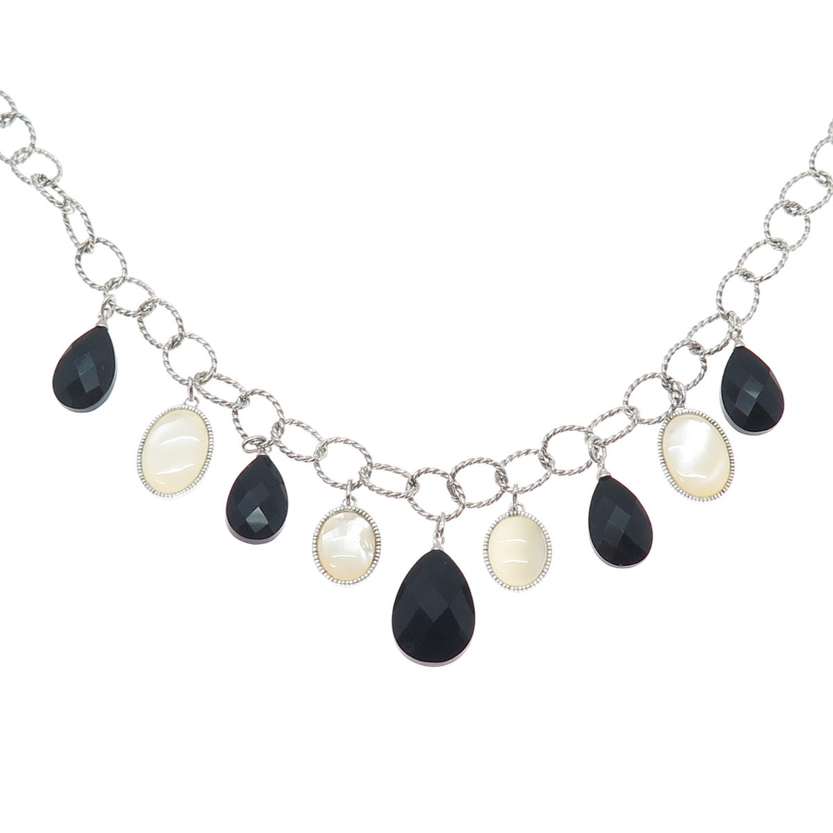 SAI 925 Sterling Silver Vintage Real MOP & Black Onyx Dangle Charms Necklace 18"