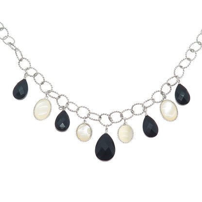SAI 925 Sterling Silver Vintage Real MOP & Black Onyx Dangle Charms Necklace 18"