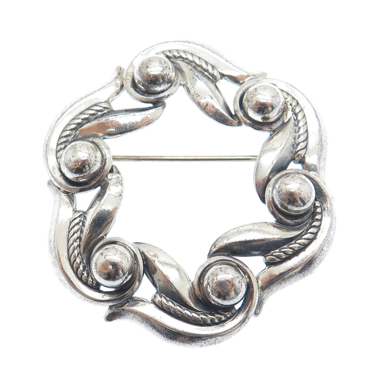 DANECRAFT 925 Sterling Silver Antique Art Deco Floral Circle Oxidized Pin Brooch
