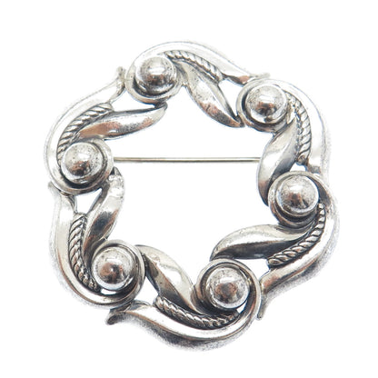 DANECRAFT 925 Sterling Silver Antique Art Deco Floral Circle Oxidized Pin Brooch