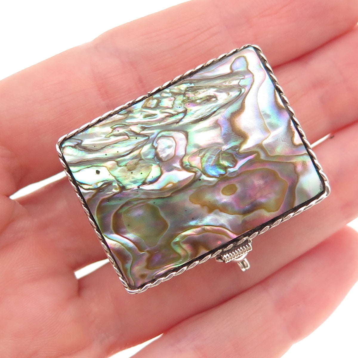925 Sterling Silver Vintage Mexico Real Abalone Shell Oxidized Pill / Snuff Box