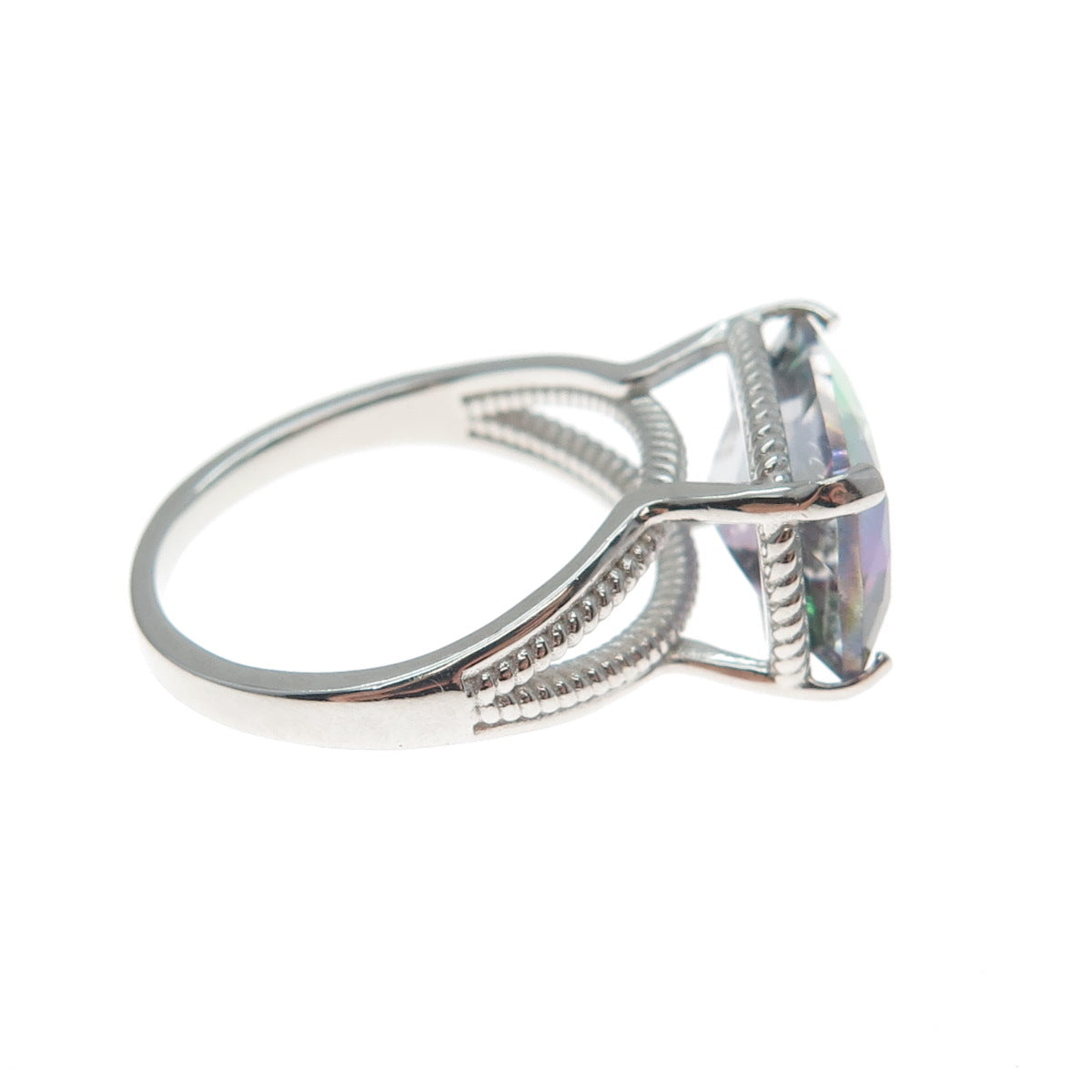 925 Sterling Silver Real Mystic Quartz Roped Bezel Ring Size 7.25