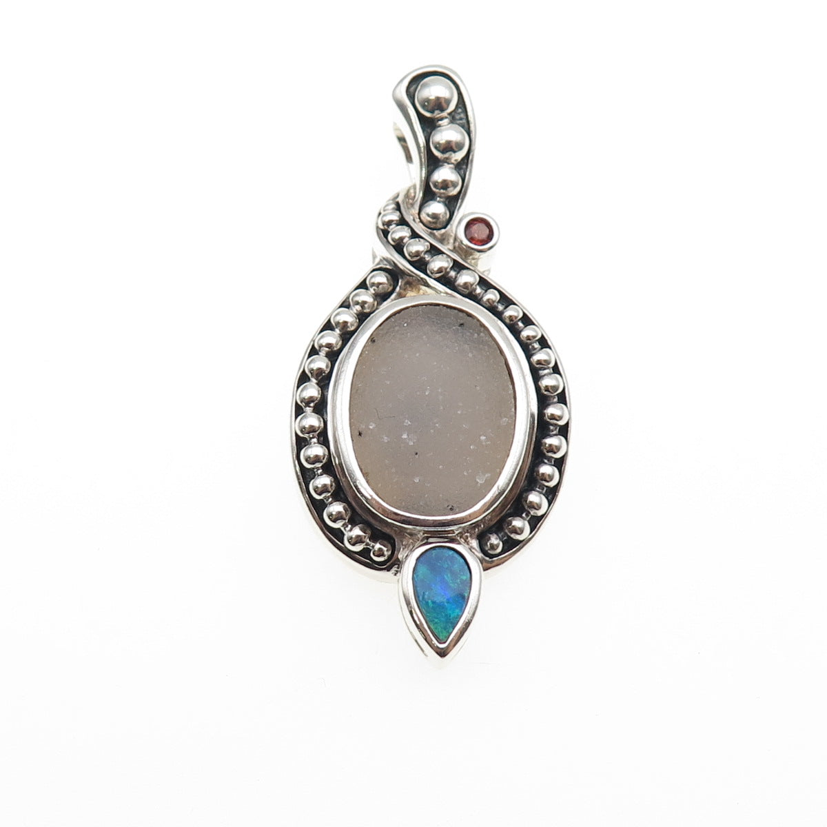 WHITNEY KELLY 925 Sterling Silver Vintage Real Opal Druzy & Red Garnet Pendant