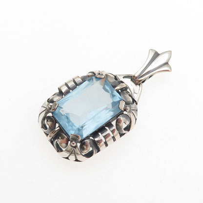 835 Silver Vintage Radiant-Cut Blue Glass Floral Oxidized Charm Pendant