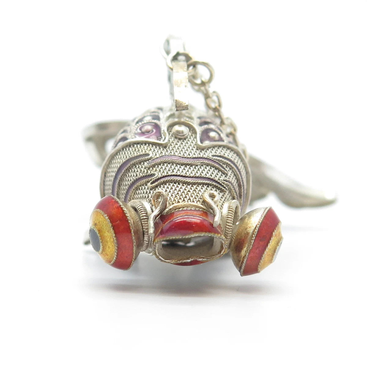 925 Sterling Silver Antique Enamel Chinese Koi Fish Chatelaine Fob