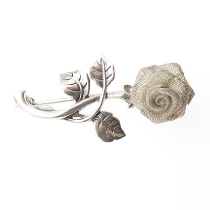 925 Sterling Silver Vintage Mesh Rose Flower Pin Brooch