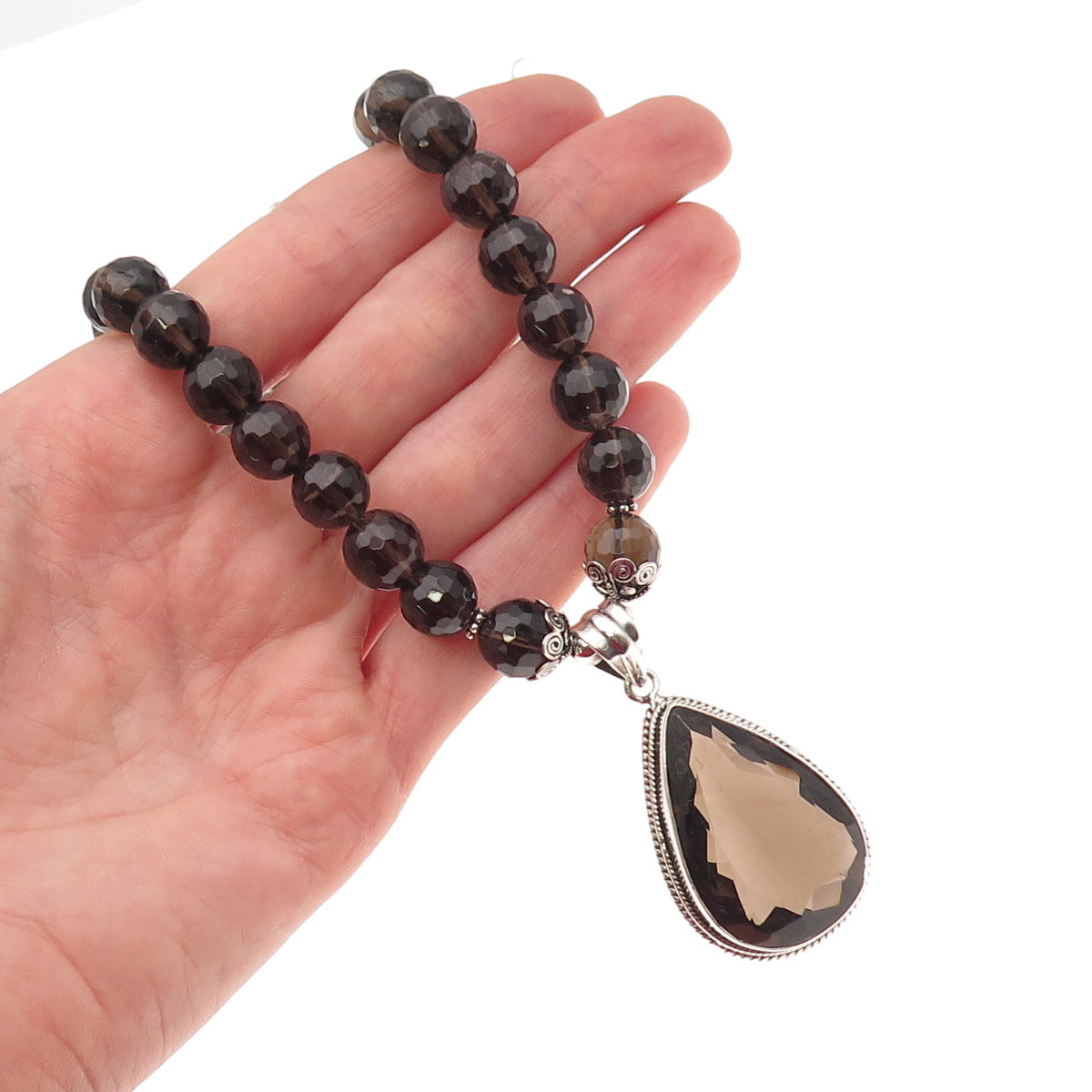 925 Sterling Silver Vintage Real Smoky Quartz Ball Beaded Necklace 16-18"