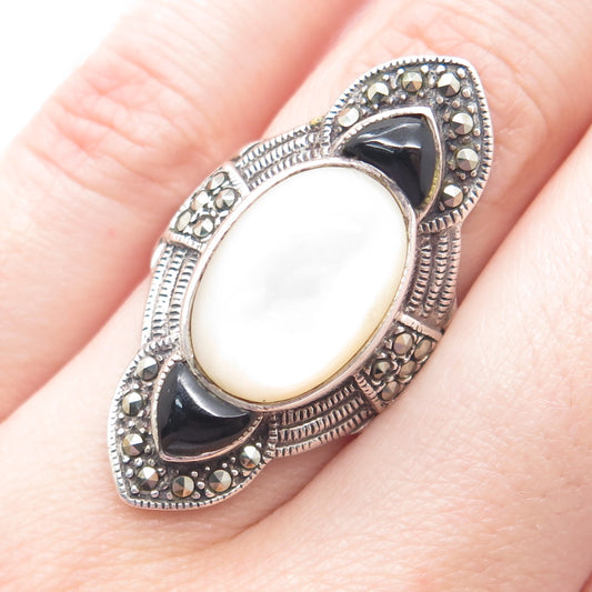 925 Sterling Silver Vintage Real MOP Black Onyx & Marcasite Gem Ring Size 6.75