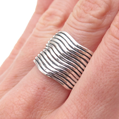 925 Sterling Silver Vintage Modernist Wavy Oxidized Ring Size 8.75