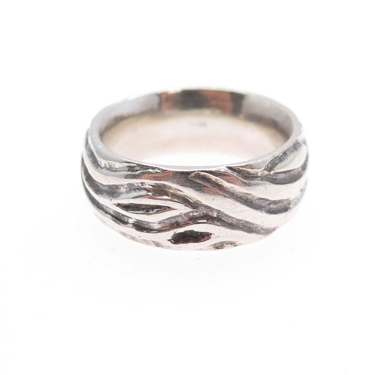 925 Sterling Silver Vintage Modernist Brich Pattern Oxidized Band Ring Size 5.75