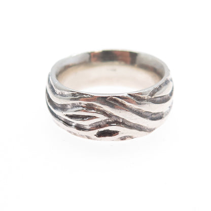 925 Sterling Silver Vintage Modernist Brich Pattern Oxidized Band Ring Size 5.75
