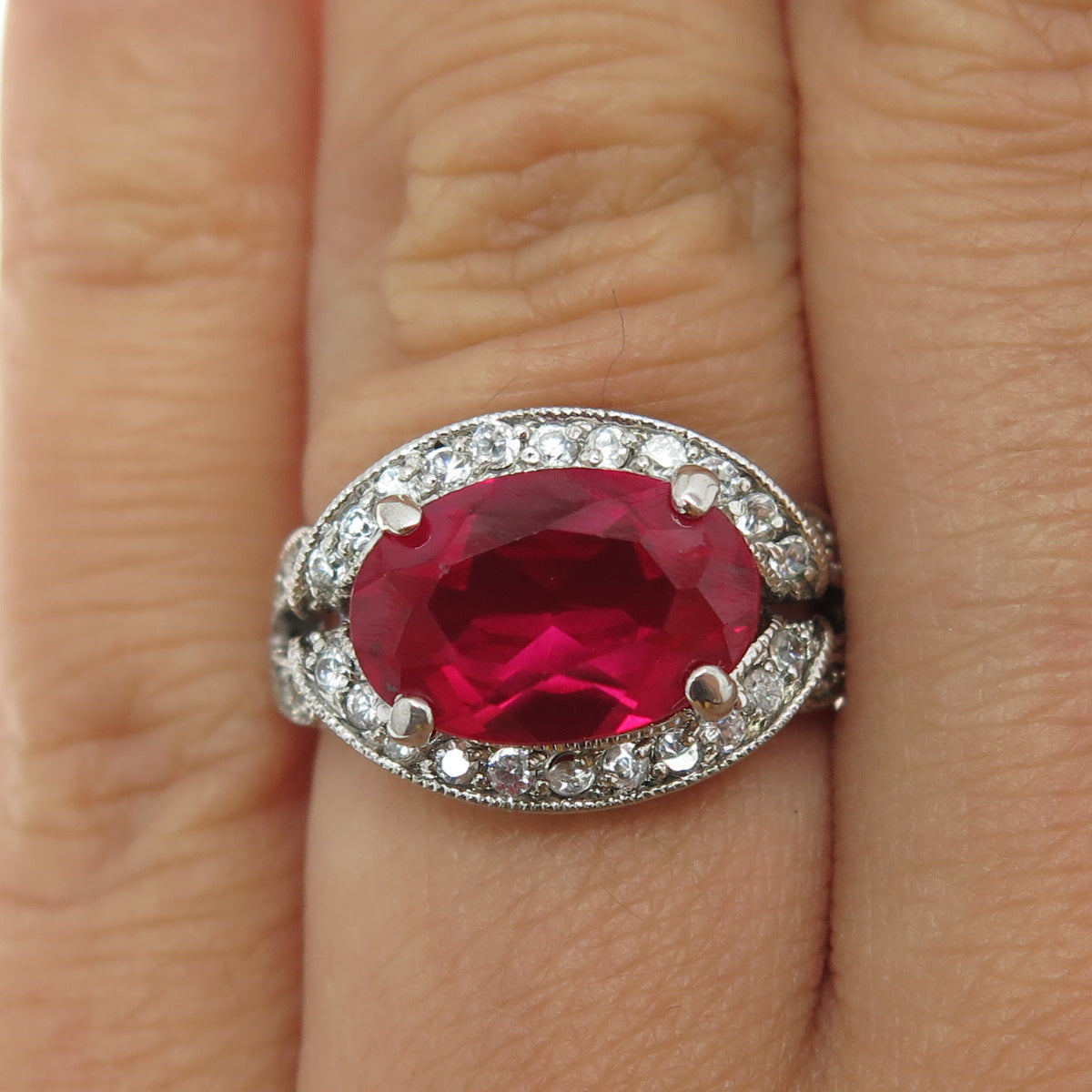 925 Sterling Silver Oval-Cut Lab-Created Ruby & Round-Cut C Z Ring Size 5.25