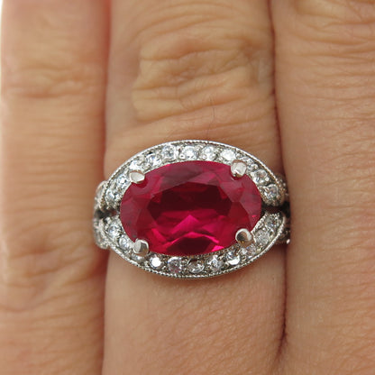 925 Sterling Silver Oval-Cut Lab-Created Ruby & Round-Cut C Z Ring Size 5.25