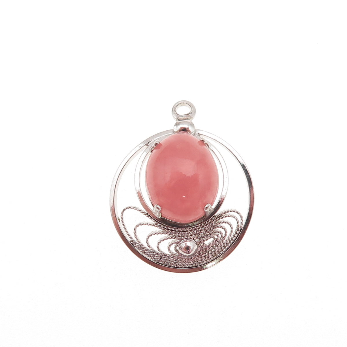 Wells Sterling Silver Antique Art Deco Real Rose Quartz Filigree Mini Pendant