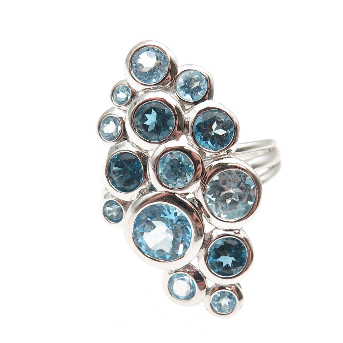 925 Sterling Silver Real London & Swiss Blue Topaz Cluster Ring Size 6