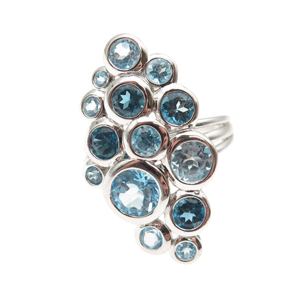 925 Sterling Silver Real London & Swiss Blue Topaz Cluster Ring Size 6