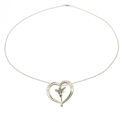 925 Sterling Silver 2-Tone Vintage C Z Tinker Bell Heart Necklace 18"