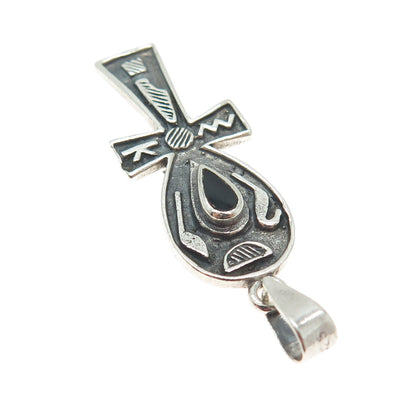 925 Sterling Silver Vintage Black Onyx Gem Egyptian Ankh Cross Pendant