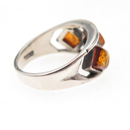 925 Sterling Silver Vintage Poland Real Amber Oxidized Ring Size 7.5