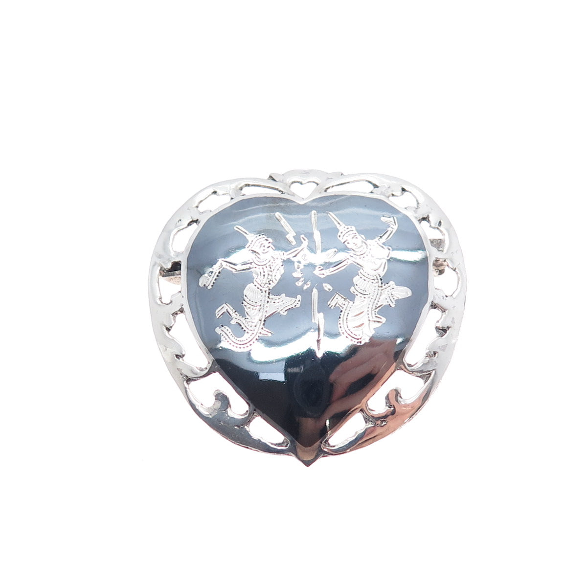 925 Sterling Silver Antique Siam Niello Hindu Goddess Heart Pin Brooch