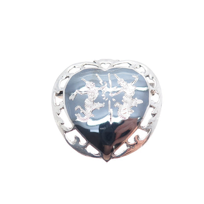 925 Sterling Silver Antique Siam Niello Hindu Goddess Heart Pin Brooch