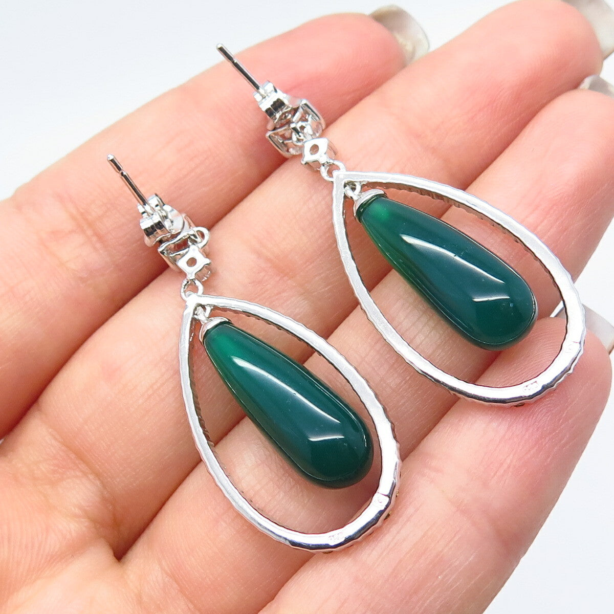 925 Sterling Silver Green Onyx Imitation & C Z Dangling Earrings