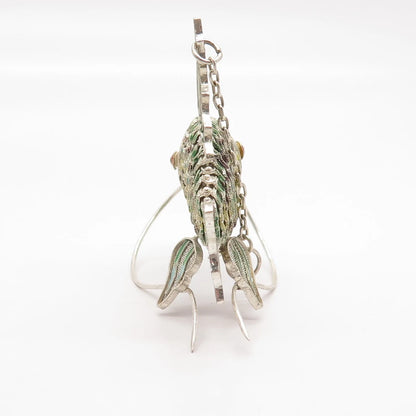 925 Sterling Silver Antique Enamel Articulated Chinese Koi Fish Pendant / Fob
