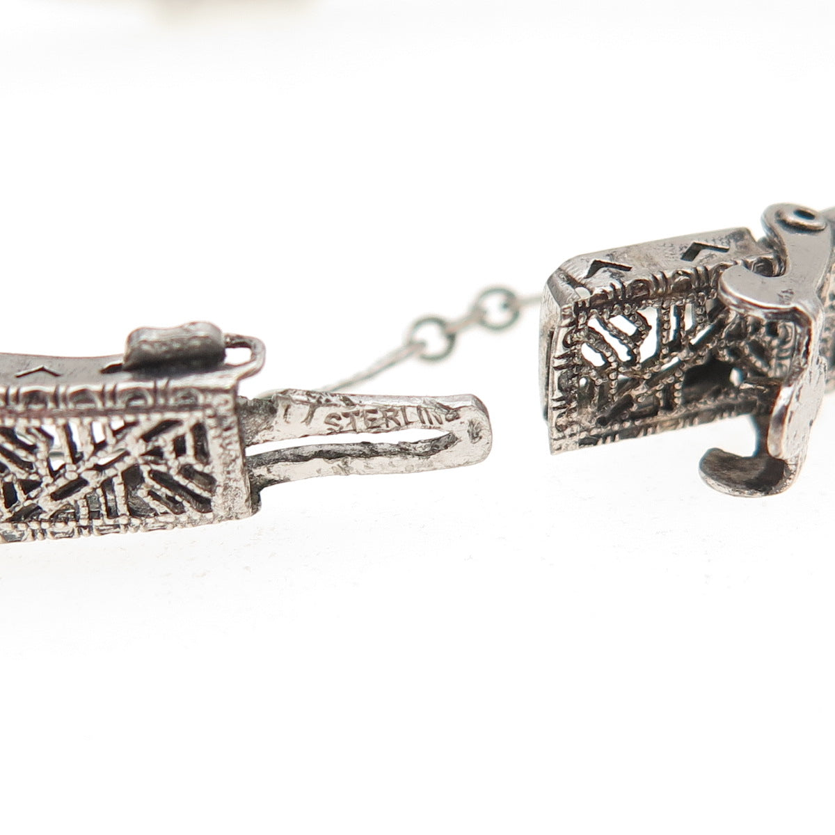 925 Sterling Antique Art Deco Real Diamond & Rhinestone Filigree Bracelet 6.5"