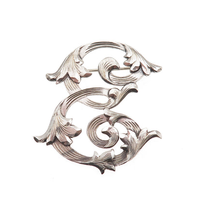 Plafina 925 Sterling Silver Vintage Mexico Letter E Floral Oxidized Pin Brooch