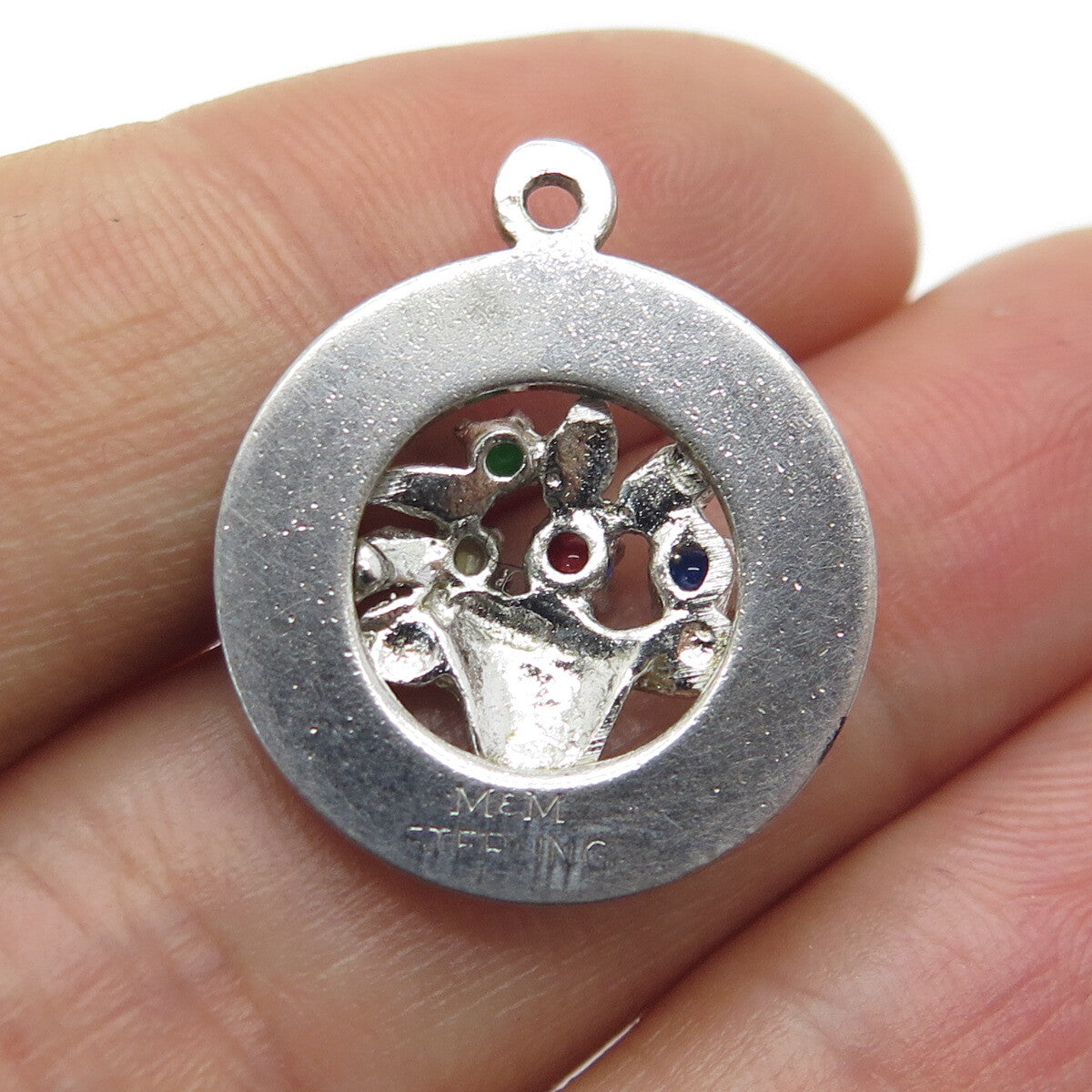 925 Sterling Silver Vintage M&M Multi-Glass "Mother" Round Tag Charm Pendant