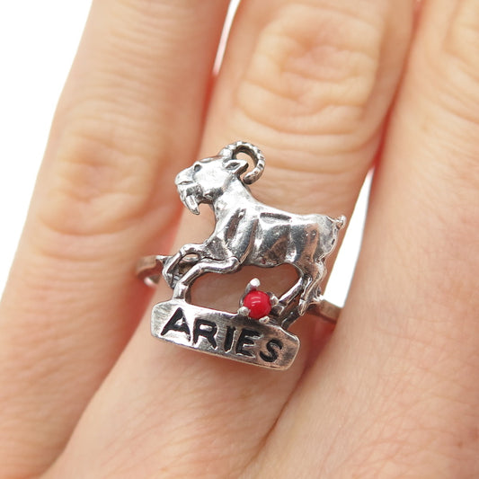 925 Sterling Silver Vintage Real Coral Aries Zodiac Sign Ring Size 6