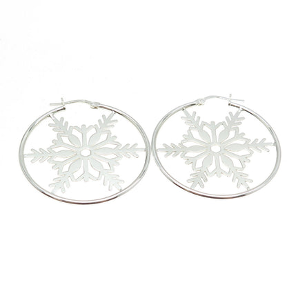 925 Sterling Silver Snowflake Hoop Earrings