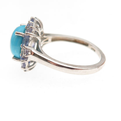 Chuck Clemency 925 Sterling Silver Real Turquoise & Tanzanite Floral Ring Size 8